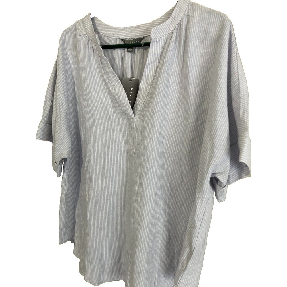 Sharagano Blue Striped Top Linen Blend Casual Beach Preppy NEW XL - Picture 1 of 5